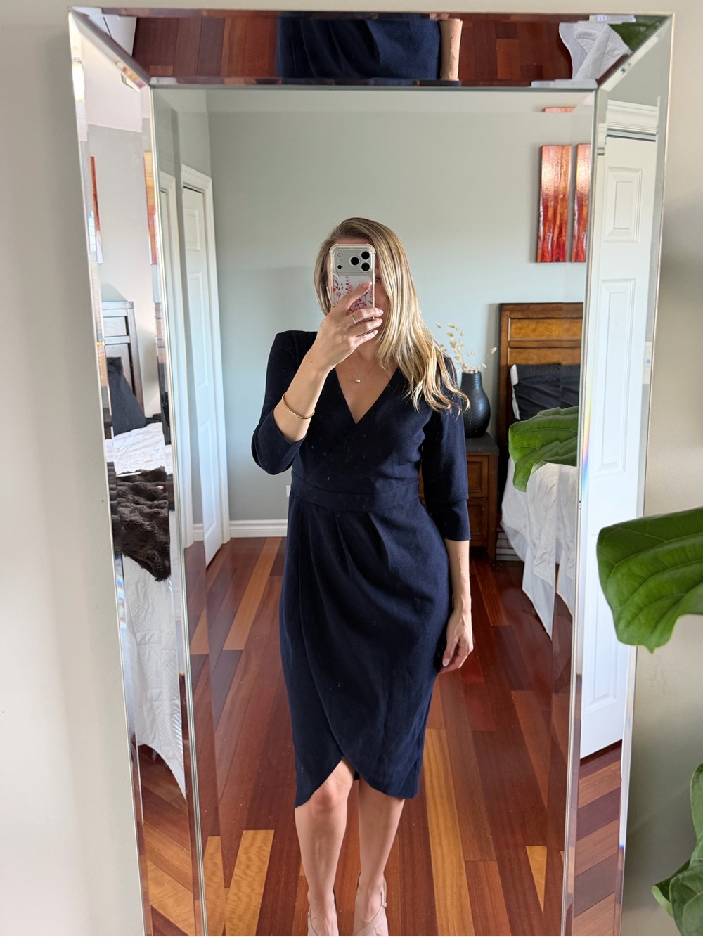 ASOS Navy Wrap Midi Dress 3/4 sleeves Size 6